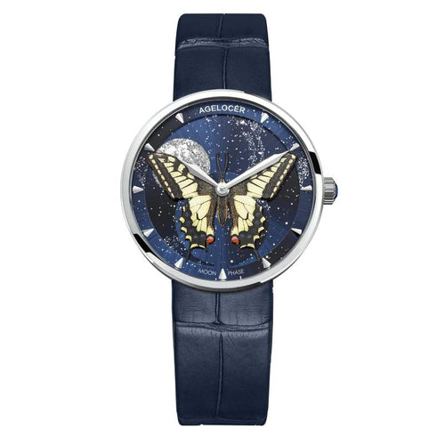 WATCHshopin Silver-black strap Agelocer Astronomer Series Leather Ladies Butterfly Quartz Watches