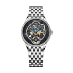 WATCHshopin Silver Steel Strap Agelocer Schwarzwald Series Ladies Black Crystal Inlaid Mechanical Watches