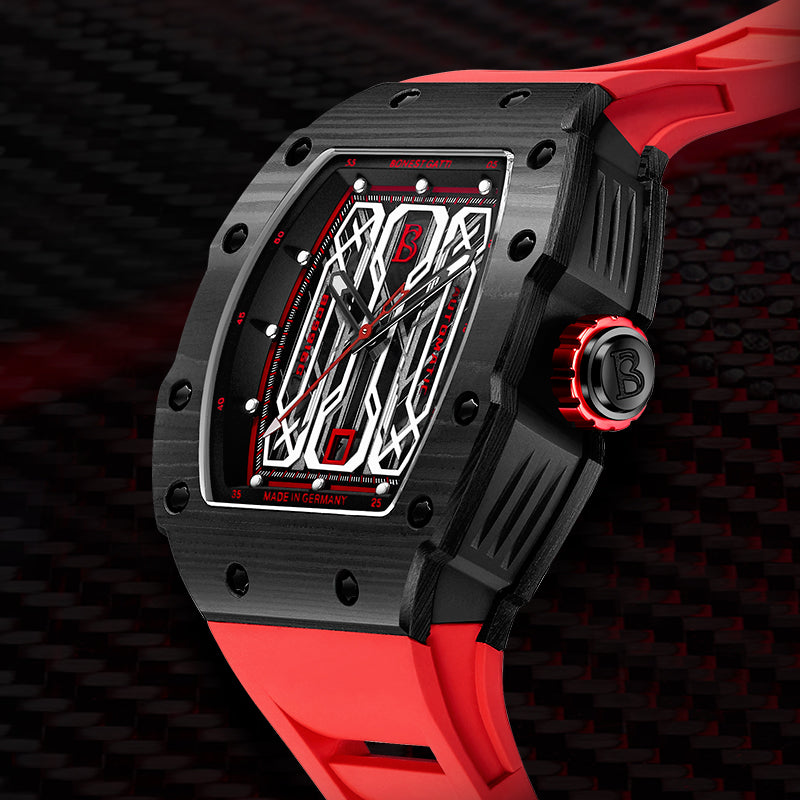 Bonest Gatti 9916  Red Carbon Fiber Rubber Automatic Watch