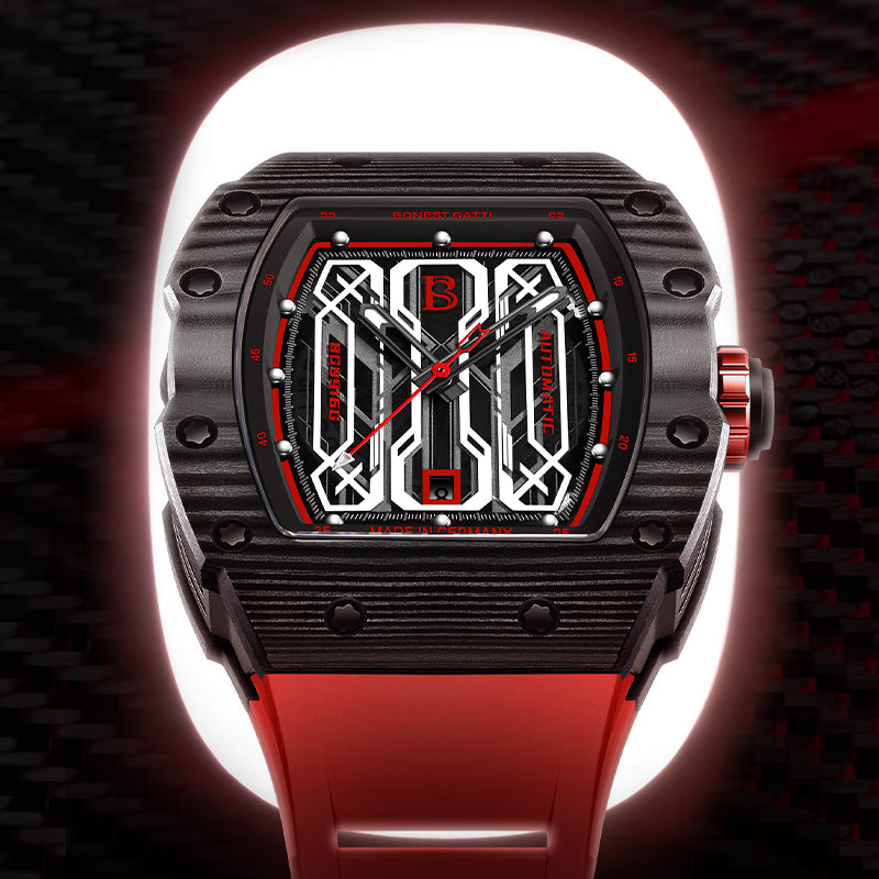 Bonest Gatti 9916  Red Carbon Fiber Rubber Automatic Watch