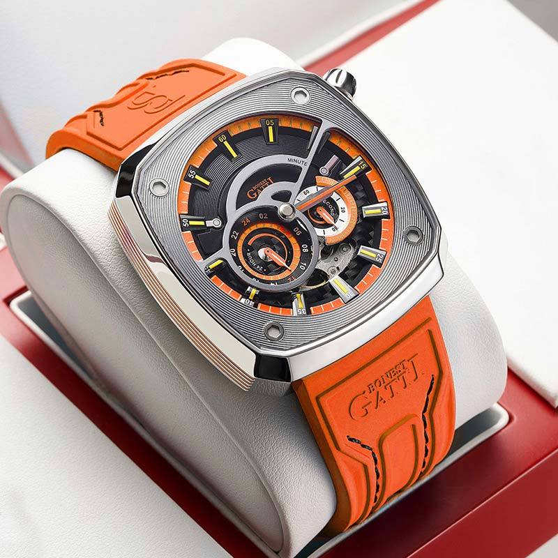 Gatti Racing Rubber Strap Bonest Gatti 6601 Leather Man's  Orange Automatic Watch