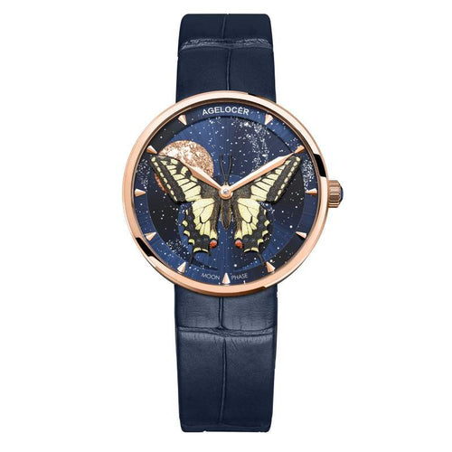 WATCHshopin Rose gold-black strap Agelocer Astronomer Series Leather Ladies Butterfly Quartz Watches