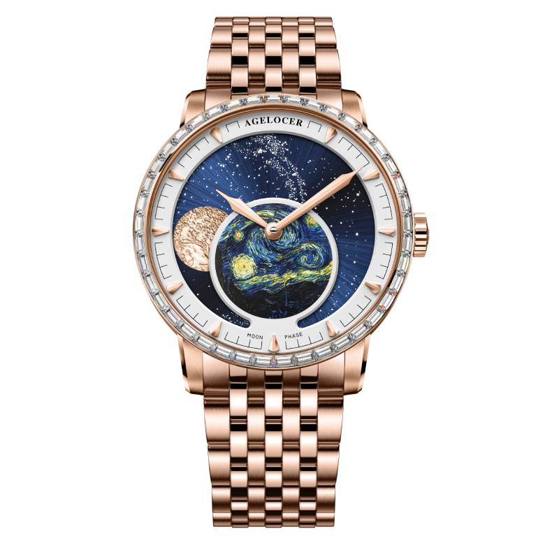 WATCHshopin Rose-gold inlaid crystals Agelocer Astronomer Series Stainless Steel Strap Men's Mechanical Watch