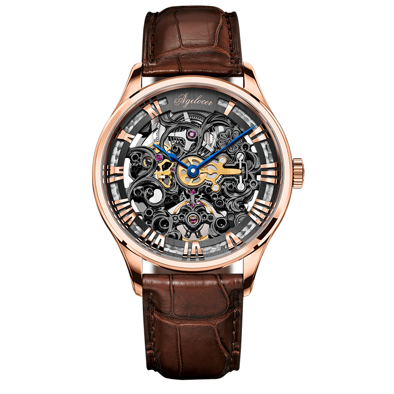 WATCHshopin Rose Gold Leather Strap Agelocer Bosch Series II Hollow Automatic Mechanical Movement