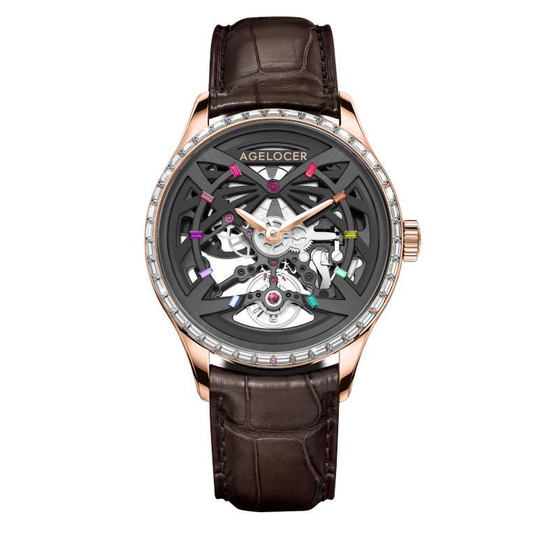 WATCHshopin Rose Gold-Leather Strap Agelocer Schwarzwald II Series Men's Hollow Crystal Inlaid Mechanical Watch