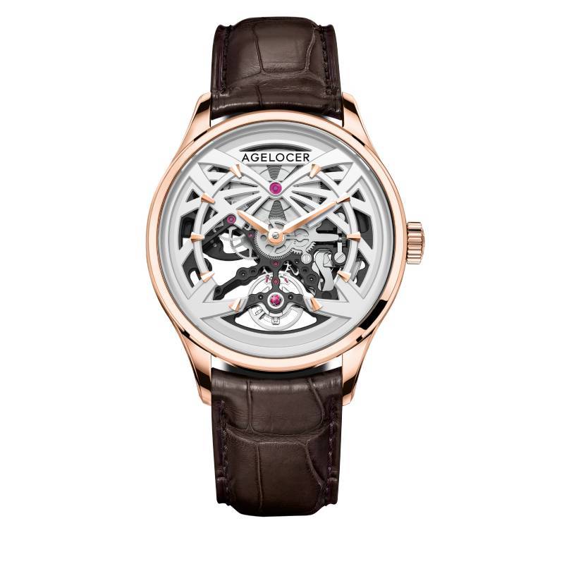 WATCHshopin Rose Gold-Leather Strap Agelocer Schwarzwald II Series Men's Hollow Mechanical Watch
