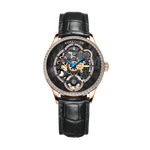 WATCHshopin Rose Gold Leather Strap Agelocer Schwarzwald Series Ladies Black Crystal Inlaid Mechanical Watches