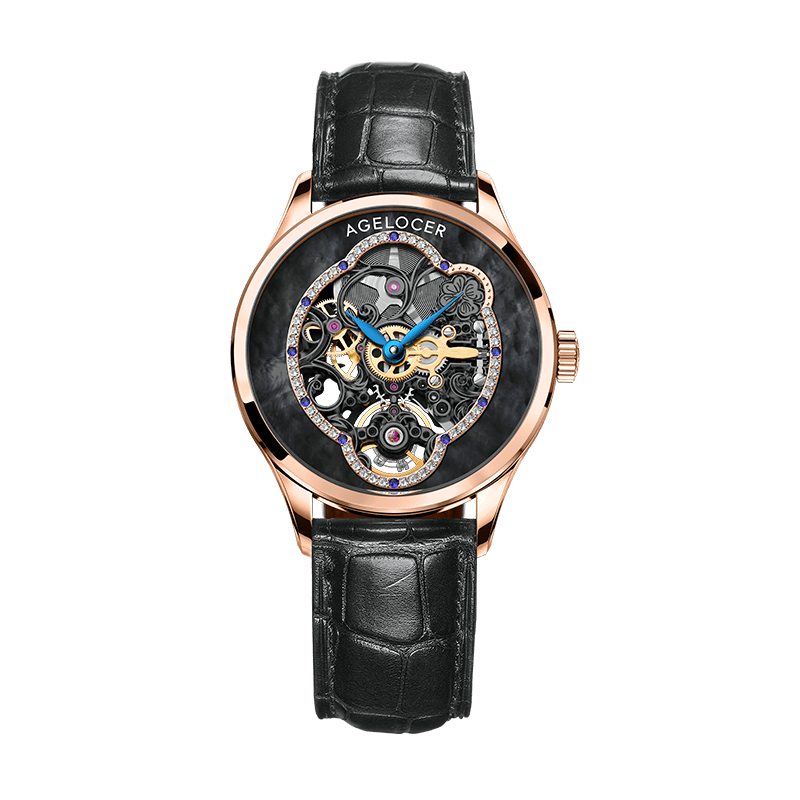 WATCHshopin Rose Gold Leather Strap Agelocer Schwarzwald Series Ladies Black Mechanical Watches