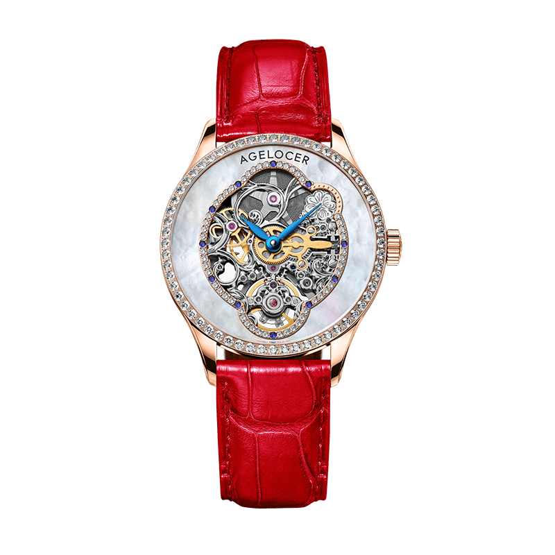 WATCHshopin Rose Gold Leather Strap Agelocer Schwarzwald Series Ladies Crystal Inlaid Mechanical Watches