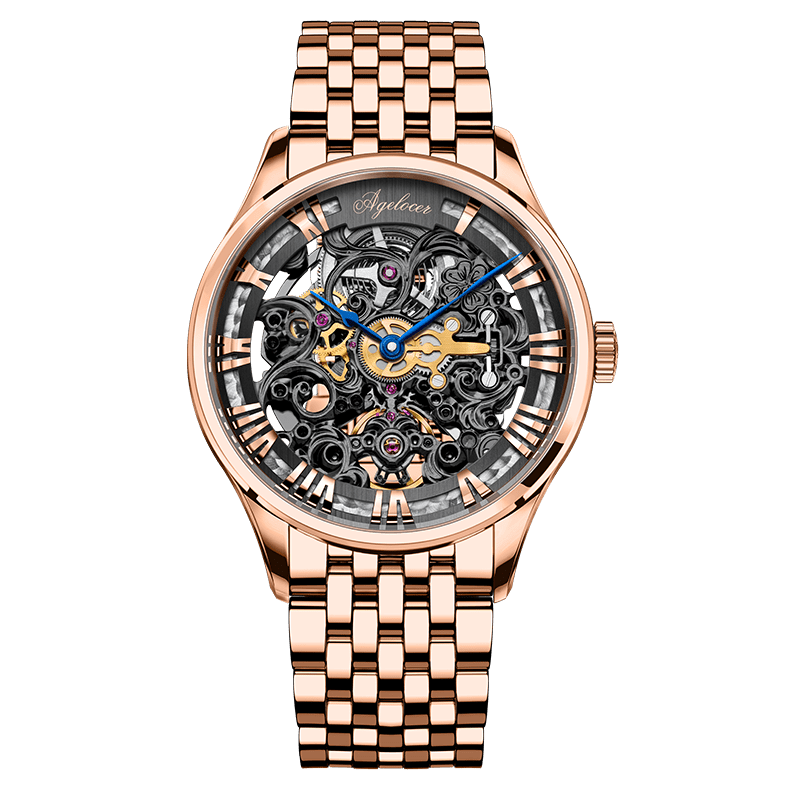 WATCHshopin Rose Gold Steel Strap Agelocer Bosch Series II Hollow Automatic Mechanical Movement