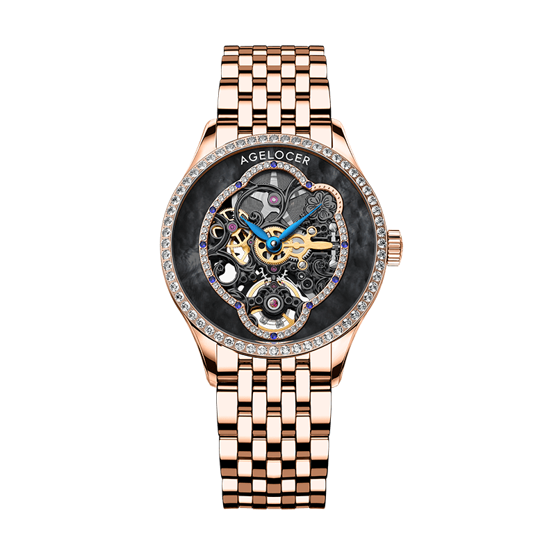 WATCHshopin Rose Gold Steel Strap Agelocer Schwarzwald Series Ladies Black Crystal Inlaid Mechanical Watches