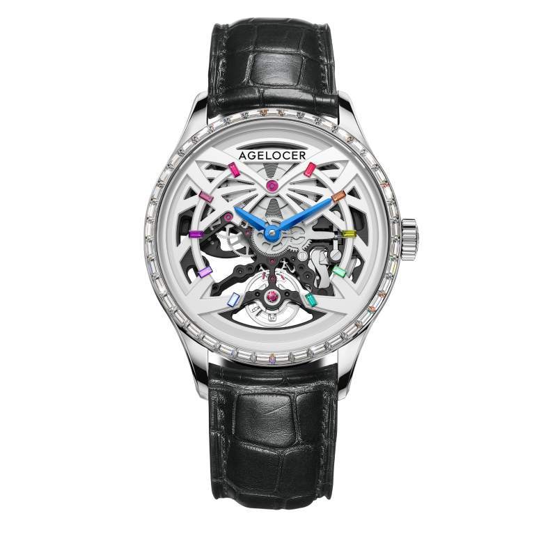 WATCHshopin Silver -Leather Strap Agelocer Schwarzwald II Series Men's Crystal Inlaid Hollow Mechanical Watch