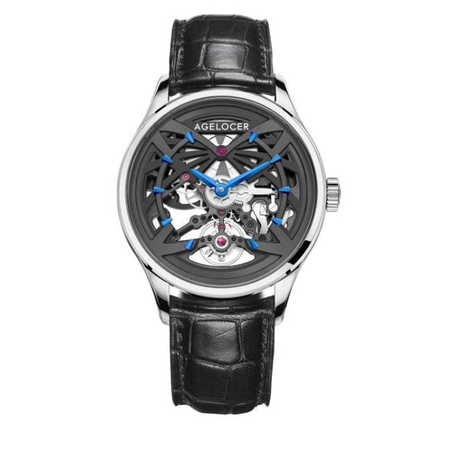 WATCHshopin Silver -Leather Strap Agelocer Schwarzwald II Series Men's Hollow Black Mechanical Watch