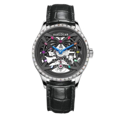 WATCHshopin Silver -Leather Strap Agelocer Schwarzwald II Series Men's Hollow Crystal Inlaid Mechanical Watch