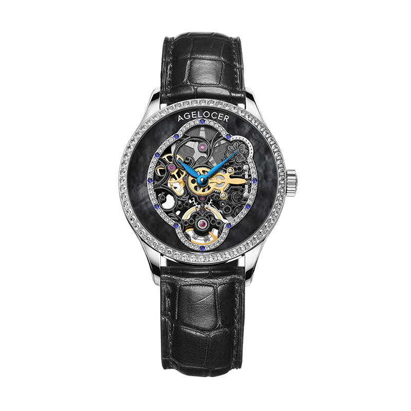 WATCHshopin Silver Leather Strap Agelocer Schwarzwald Series Ladies Black Crystal Inlaid Mechanical Watches