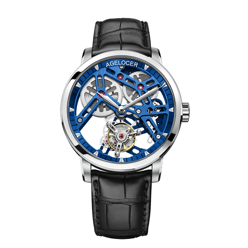 WATCHshopin Silver-Leather Strap Agelocer Tourbillon Series II Men's Hollow Mechanical Watch