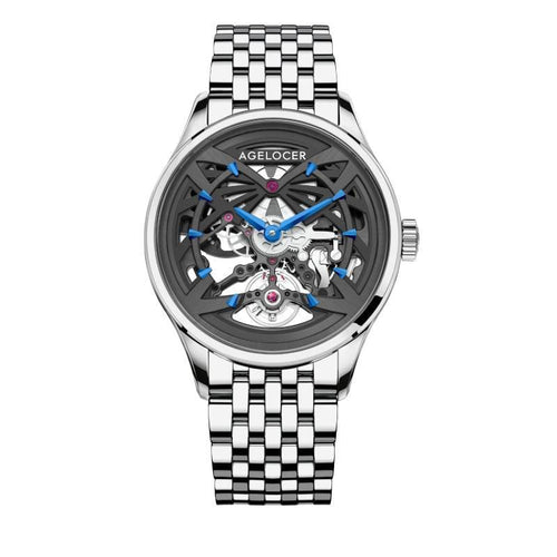 WATCHshopin Silver -Steel Strap Agelocer Schwarzwald II Series Men's Hollow Black Mechanical Watch